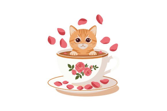 Cute Orange Kitten in Floral Teacup Art