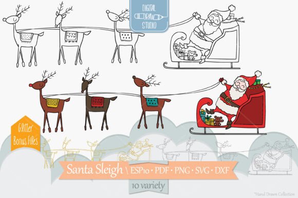 Elevating Holiday Design with Vintage Santa Claus Sleigh and Rudolf Reindeer Clip Art