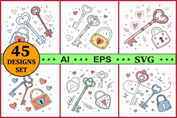 Love Lock Heart Vector Set