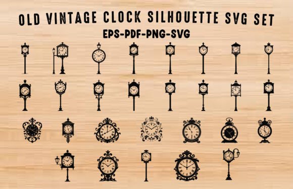 Vintage Clock SVG Silhouette Clipart Set